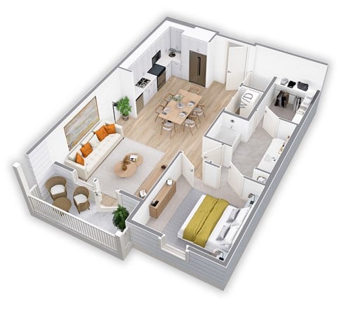 Floor plan for 1 bed, 1 bath, 773 sqft